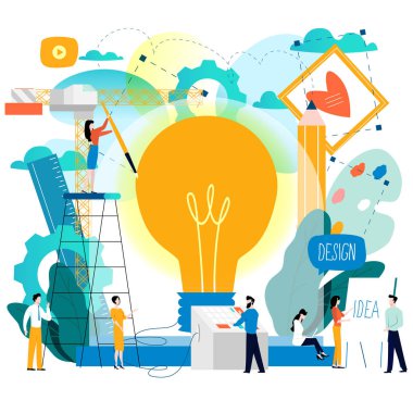 Tasarım stüdyosu, tasarım, çizim, grafik tasarım, eğitim, yaratıcılık, sanat, fikirler düz vektör çizim. Online Kurslar, dersler, mobil cihazlar için beyin fırtınası kavramı ve web grafikleri