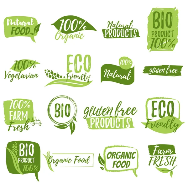 Adesivi Distintivi Alimenti Bevande Biologici Ristorante Negozio Alimentari Prodotti Naturali — Vettoriale Stock