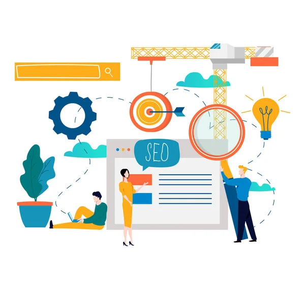 SEO, arama motoru optimizasyonu, anahtar kelime araştırma, Pazar araştırması düz vektör çizim. SEO kavramı. Web sitesi kodlama, internet arama optimizasyon tasarım için mobil ve web grafikleri