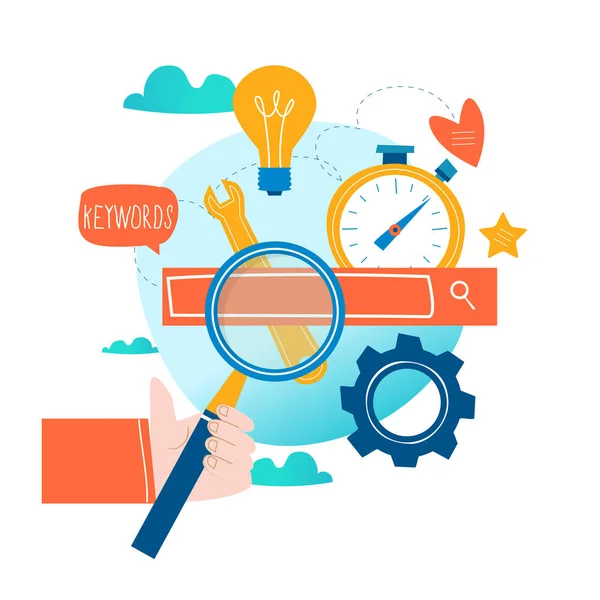 Seo Search Engine Optimization Keyword Research Market Research Flat Vector — Stock Vector
