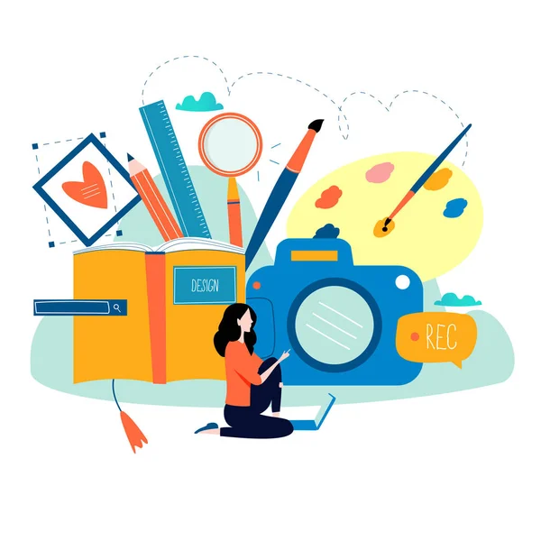 Tasarım, çizim, studio, fotoğraf çekimi, grafik tasarım, eğitim, yaratıcılık, sanat, fikir düz vektör çizim tasarım. Online Kurslar, kitap, Rehberler için mobil ve web grafikleri