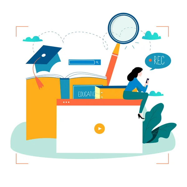 Eğitim, eğitim videosu, webinar, eğitim kursları, uzaktan eğitim düz vektör çizim. Internet eğitim, online kitap, e-eğitim, online eğitim tasarımı için mobil ve web grafikleri