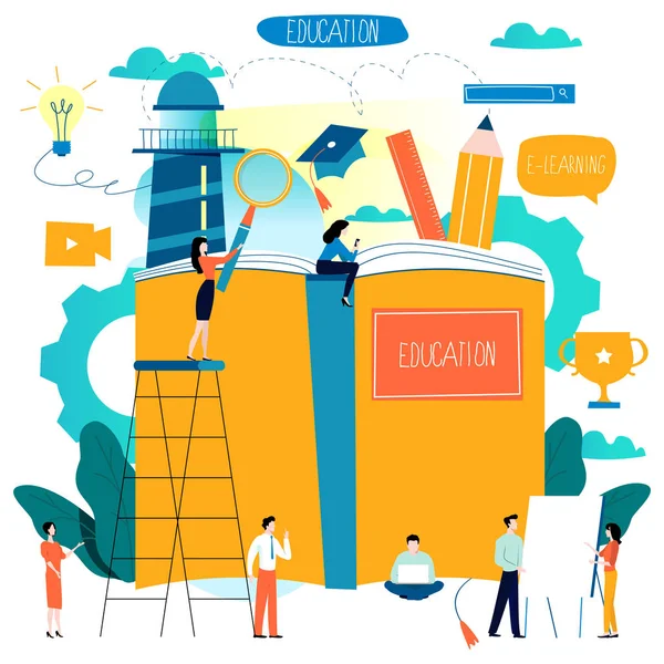 Eğitim, online eğitim kursları, uzaktan eğitim düz vektör çizim. Internet eğitim, online kitap, öğreticiler, e-eğitim, online eğitim tasarımı için mobil ve web grafikleri