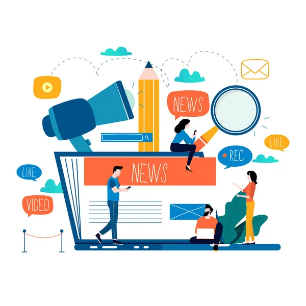 Haber güncelleme, online haber, gazete, haber web sitesi düz vektör çizim. Haber Web sayfası, etkinlikler, etkinlikler, şirket bilgileri ve Duyurular hakkında bilgiler