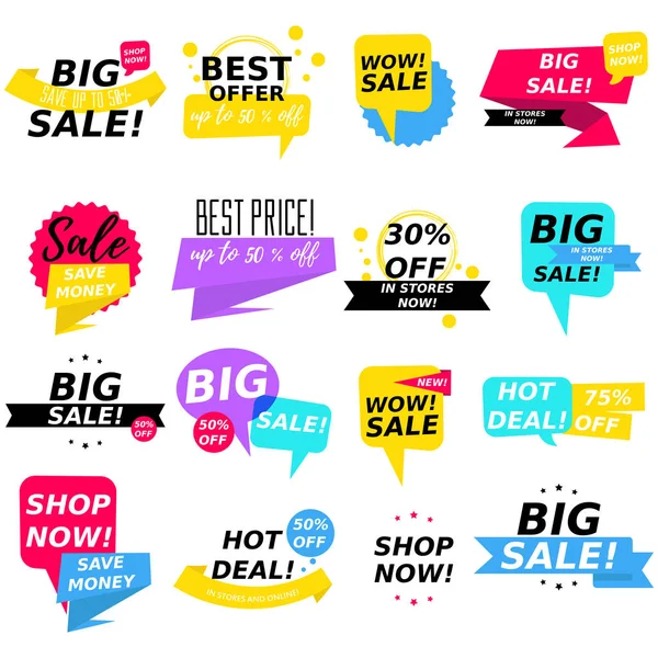 Vlakke Design Kleurrijke Verkoop Stickers Collectie Online Winkelen Verkoop Promotie — Stockvector