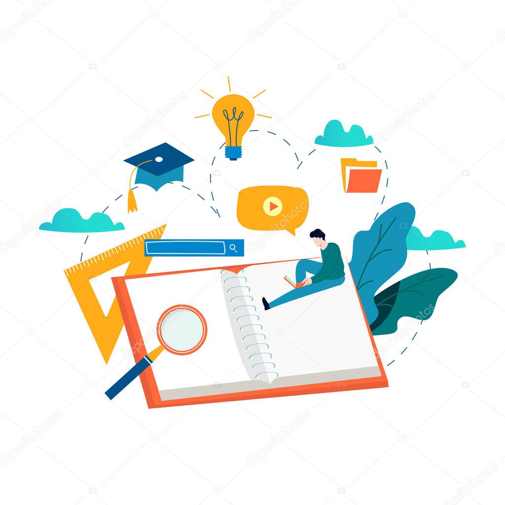 Education, online training courses, distance education vector illustration. Internet studying, online book, tutorials, e-learning, online education design for mobile and web graphics