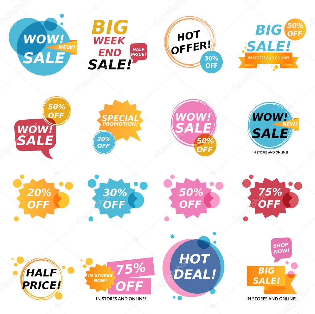 Flat design colorful sale stickers collection. Online shopping, sale and promotion, website and mobile badges, promo banners, special offer, shopping vector illustration design and marketing material