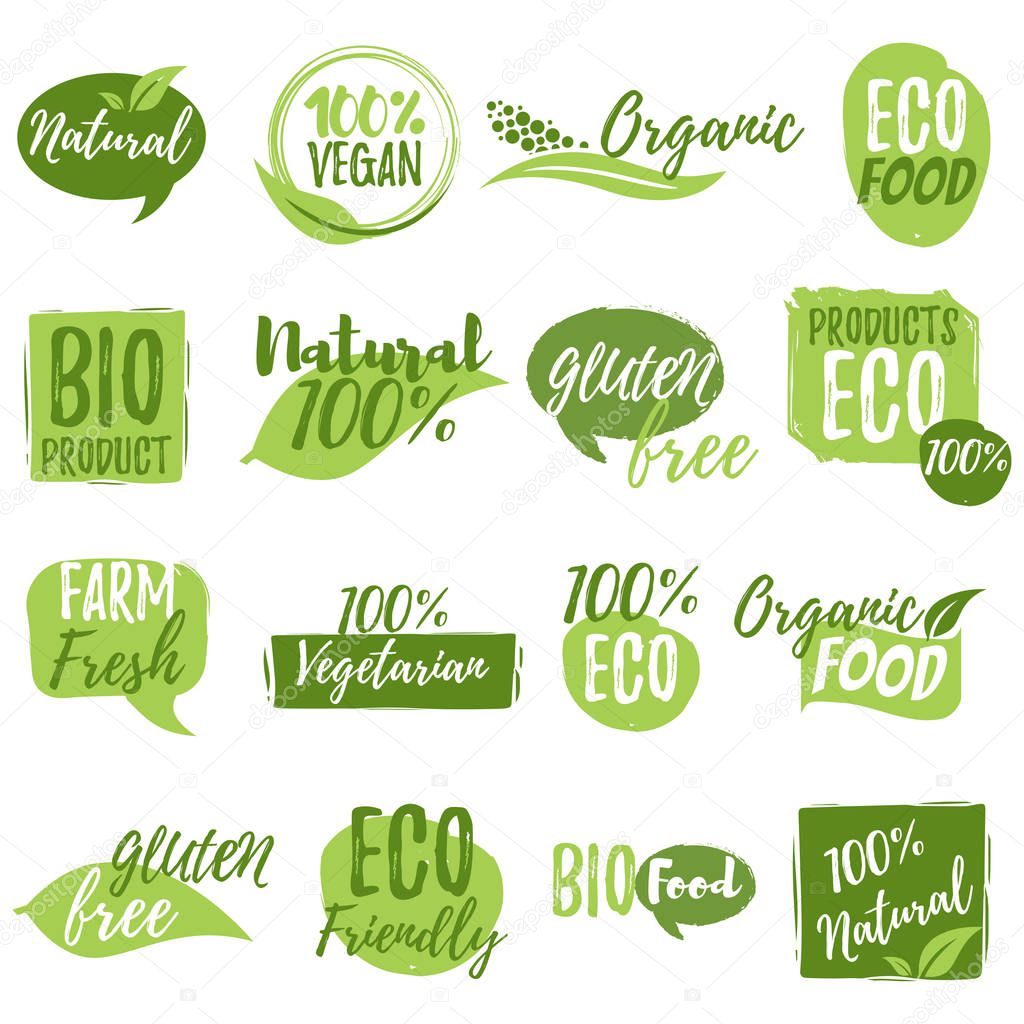 Stickers and badges for organic food and drink, restaurant, food store, natural products, farm fresh food, healthy products promotion. Natural products badges vector illustration