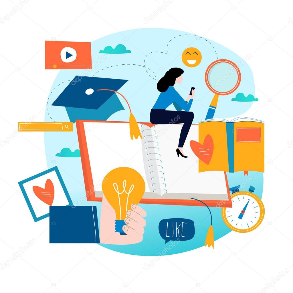 Education, online training courses, distance education flat vector illustration. Internet studying, online book, tutorials, e-learning, online education design for mobile and web graphics