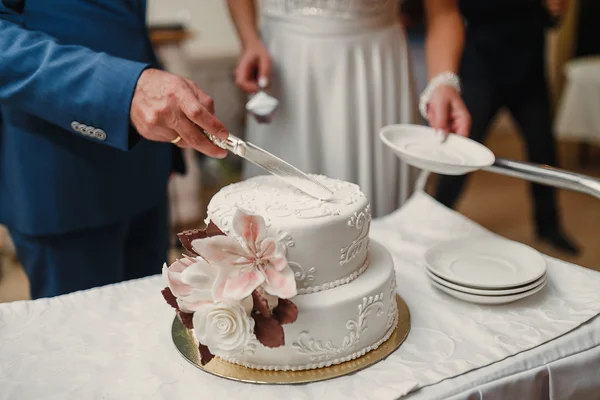 Noiva e noivo na recepção do casamento cortando o bolo de casamento — Fotografia de Stock