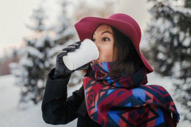 Şık güzel ve genç birbayan içecek çay Kış Doğa arka planda açık