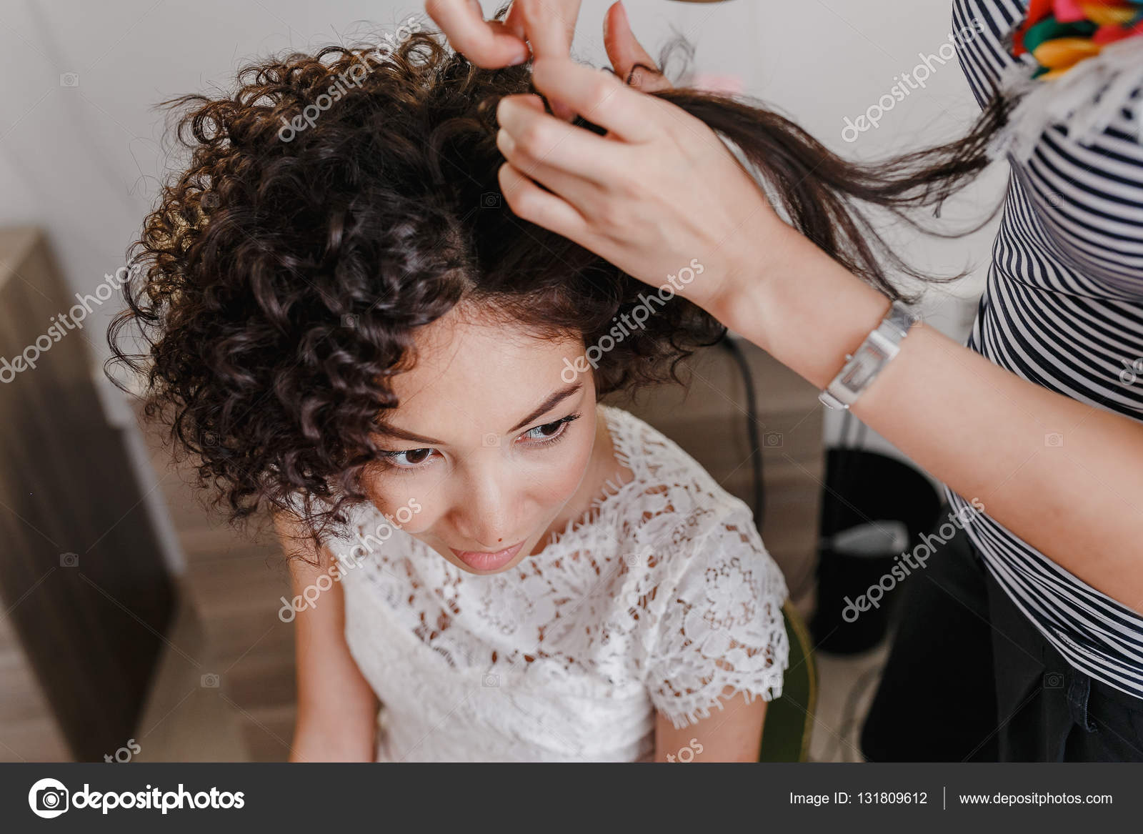 Professional Hairdresser Artist Making Curly Hairstyle To Charming