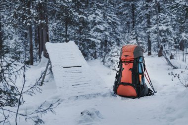 Karlı kış çam ahşap turuncu trekking ağır sırt çantası