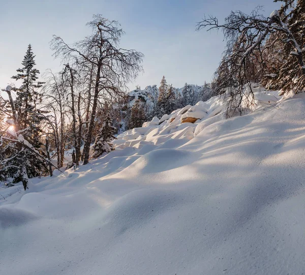 Paisagem de inverno montanha idillic com drifts de neve e árvores cobertas de neve — Fotografia de Stock