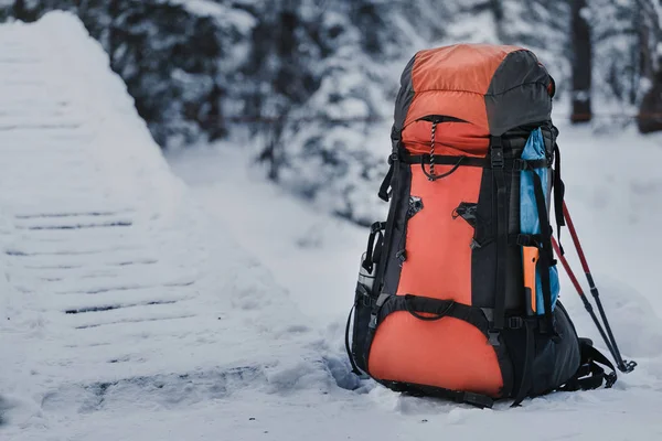 Orange tunga vandringsryggsäck i snörik vinter tallskog — Stockfoto