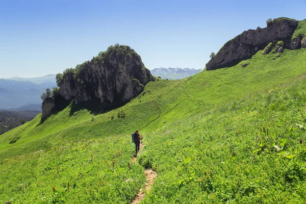 Trekking. Mujer excursionista con mochila caminando por un sendero cubierto de hierba en — Foto de Stock