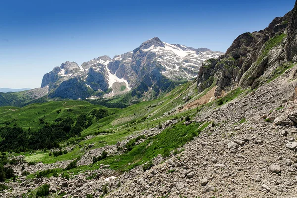 Panorámás kilátás nyílik a Fischt-hegység és az alpesi rétek, Oroszország, a Kaukázusban — Stock Fotó