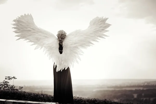 Young glamorous woman in a black dress with a large white angel wings on the background of a dramatic sunset sky. The concept of a fallen dark angel