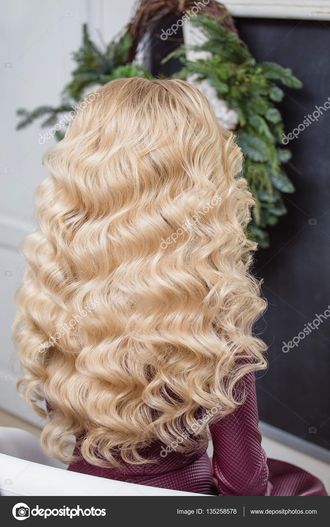 Beauty Girl With Blonde Curly Healthy Wavy Hair Back View Stock