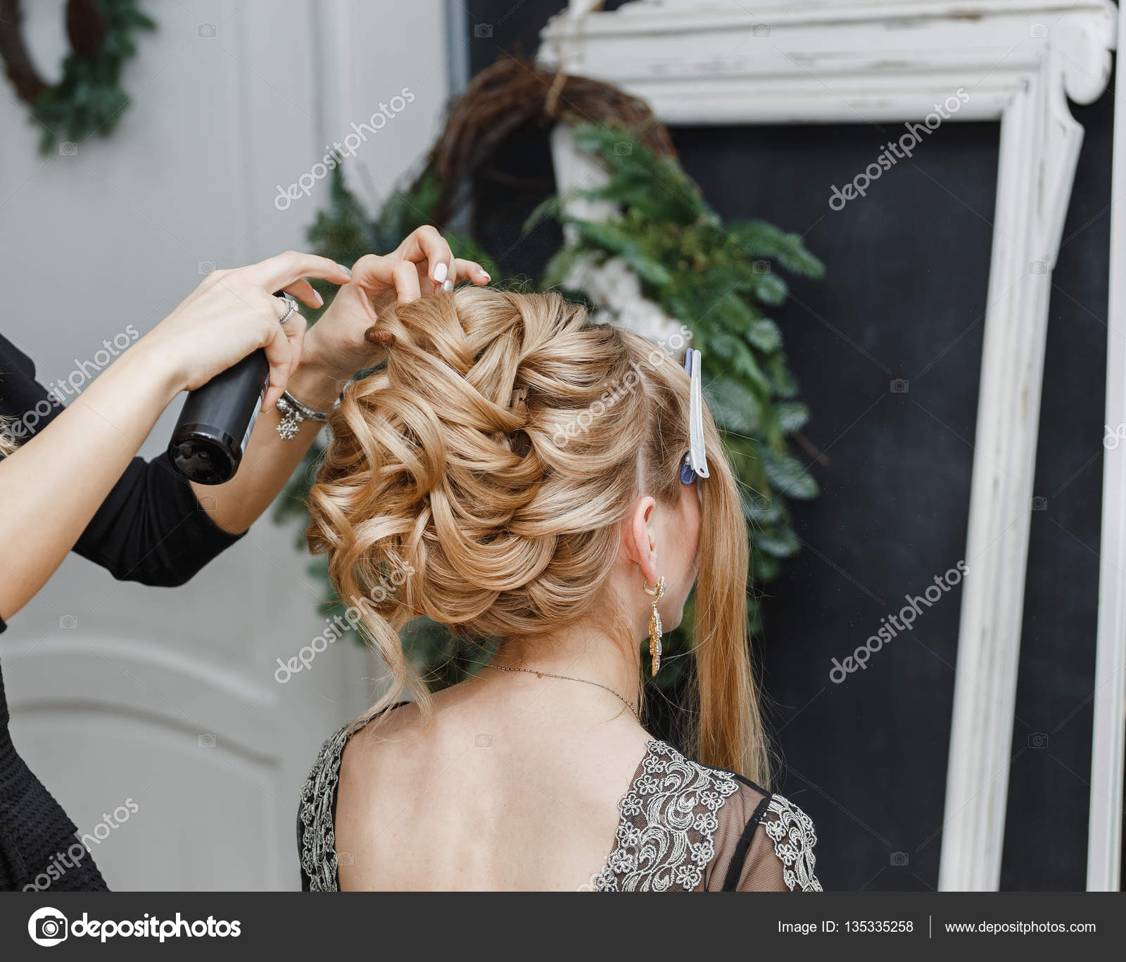 Hairdresser Makes A Woman Sandy Hair High Fashion Wedding Or
