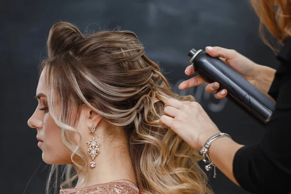Hairdresser using hairspray on client's hair at salon — Stock Photo, Image