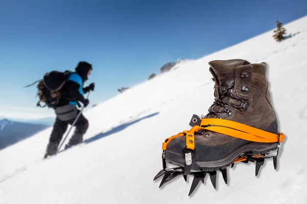 Crampon on winter boot for climbing, glacier extreme hiking on i — Stock Photo, Image