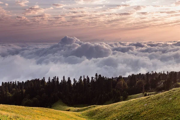 Mlžné a oblačné horské údolí krajina, pohled shora — Stock fotografie