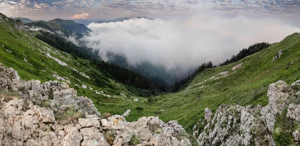 Mist en cloud vallei berglandschap, weergave van bovenaf — Stockfoto