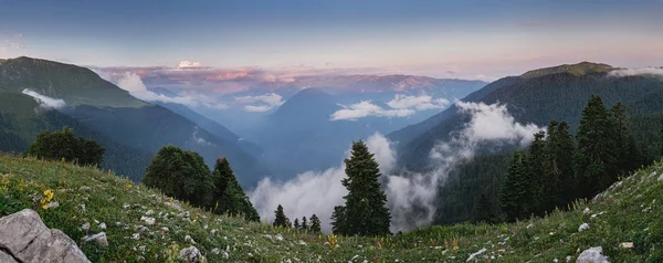 草原と森山中にあるアブハジア自治共和国の西部のコーカサスとパノラマ風景. — ストック写真