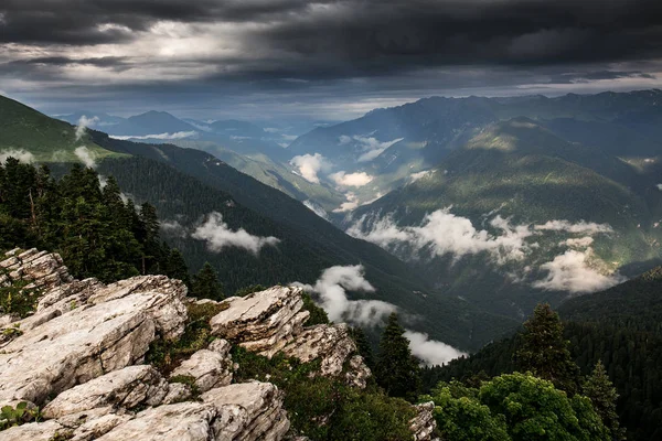 Excelente vista do pico da montanha em penhasco rochoso com floresta e nevoeiro — Fotografia de Stock