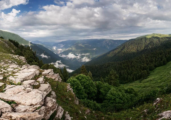 Nagyszerű kilátás a hegy csúcsa a sziklás sziklán erdő és a köd — Stock Fotó