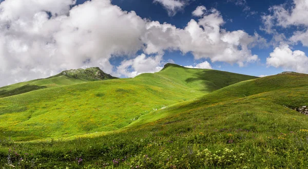 Paisaje de verano o primavera con verdes colinas y árboles en las montañas —  Fotos de Stock