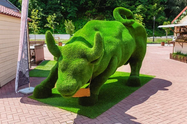 Сочі, Роза Хутор, Росія 25 липня 2016: Скульптура зарядки Bull зробив трави копію Нью-Йорк Бик фігури — стокове фото