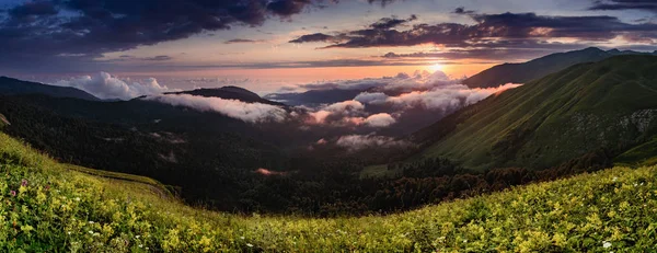 Hegyi panoráma erdős táj alatt esti ég, felhők és a köd, a naplemente. Szűrt kép — Stock Fotó