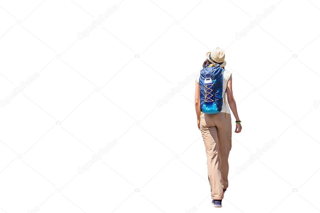 back view of walking woman with backpack isolated with clipping path