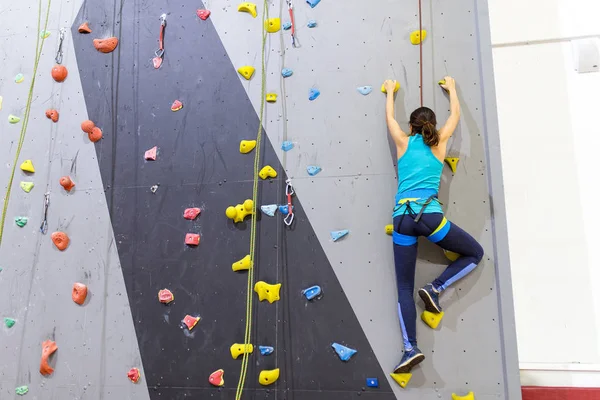 Beautiful young woman starts to climbing big artificial wall — Stock Photo, Image