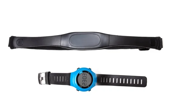 Fitness watch and chest strap of a heart rate monitor isolated