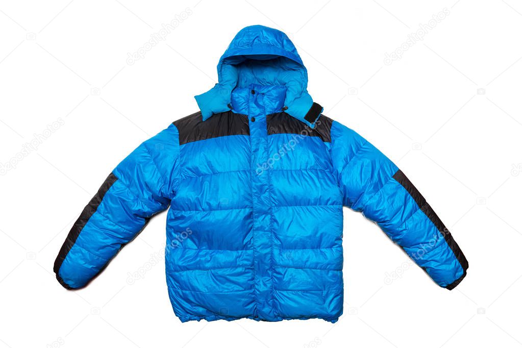 Blue extreme warm down jacket isolated on white background.