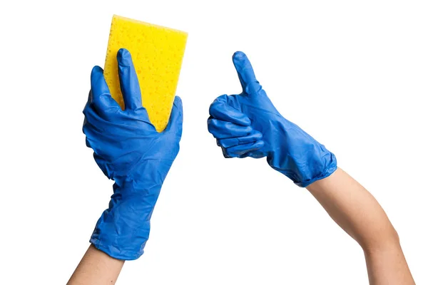 Hands of a woman in blue gloves with a washing sponge and a gesture OK, isolated — Stock Photo, Image