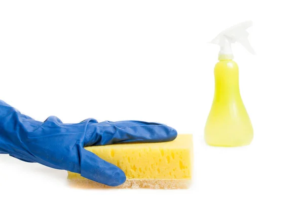 Hand in a protective glove with a washing sponge and spray sprinkler isolated — Stock Photo, Image