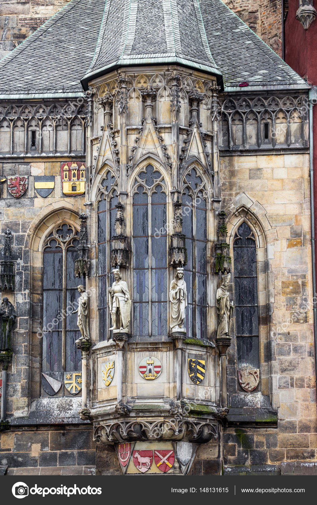 Closeup Of Prague Town Hall Facade Decorations With Sculptures And