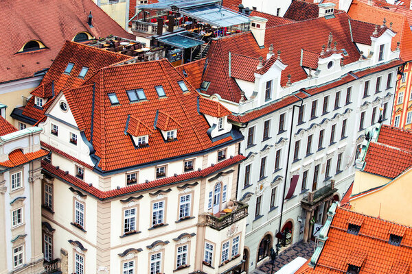 Houses with red roof is a famous landmark of the Prague, aerial view from above