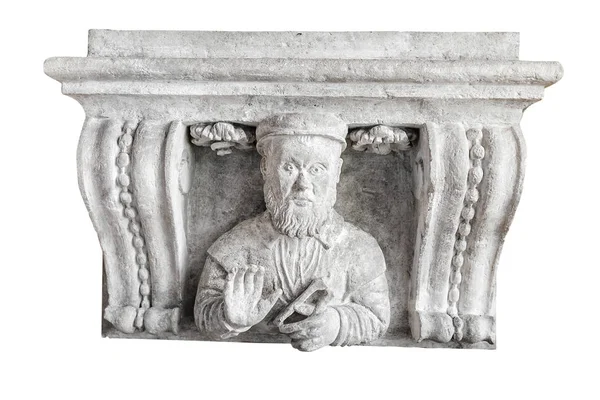 Vieux fragment de bas-relief en pierre avec visage d'homme isolé — Photo