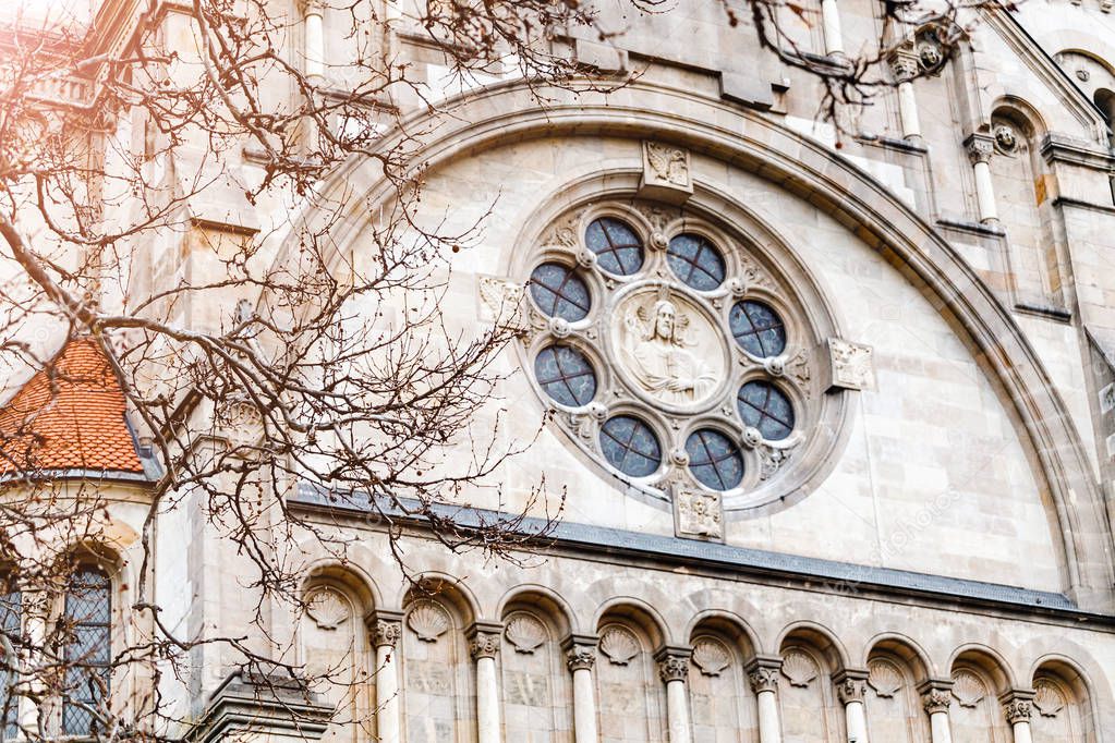 St. Francis of Assisi Church closeup detail in Vienna, Austria at winter