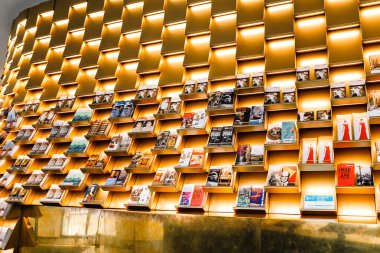 Viyana, Avusturya, 23 Mart 2017: çeşitli ücretsiz broşürler, bir raf kılavuzları ve haritalar bilgi Turizm Merkezi Viyana'da