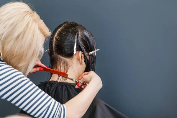 Mãos de cabeleireiro profissional com tesoura e pente cortando cabelos molhados de mulher morena no salão de beleza com espaço de cópia — Fotografia de Stock