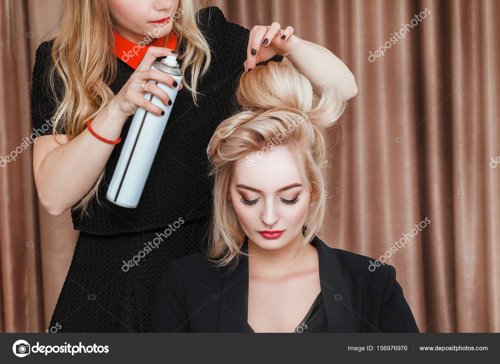 Professional Hairdresser Using Hair Spray On Client Business Woman