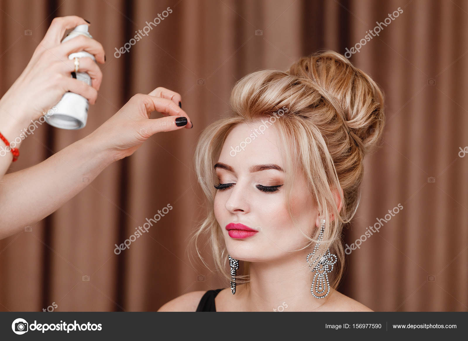 Professional Hairdresser Using Hair Spray On Client Business Woman