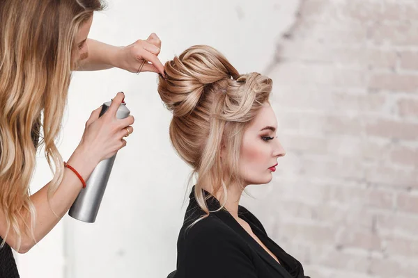 Cabeleireiro profissional usando spray de cabelo no cliente cabelo mulher de negócios no salão de beleza — Fotografia de Stock