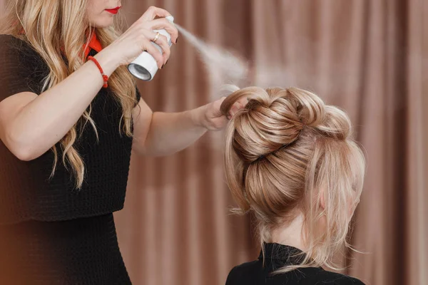 Cabeleireiro profissional usando spray de cabelo no cliente cabelo mulher de negócios no salão de beleza — Fotografia de Stock